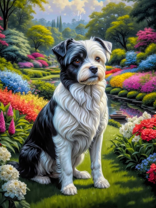 Black White Mix Breed Dog Portrait Paintings