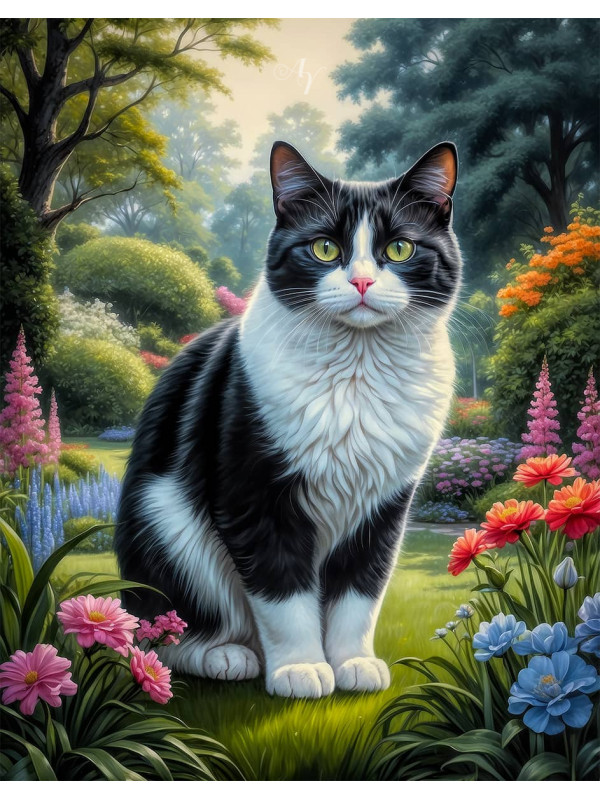 Black - White Cat and Kittens Canvas Portrait Paintings