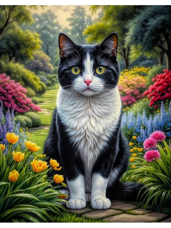 Black - White Cat and Kittens Canvas Portrait Paintings
