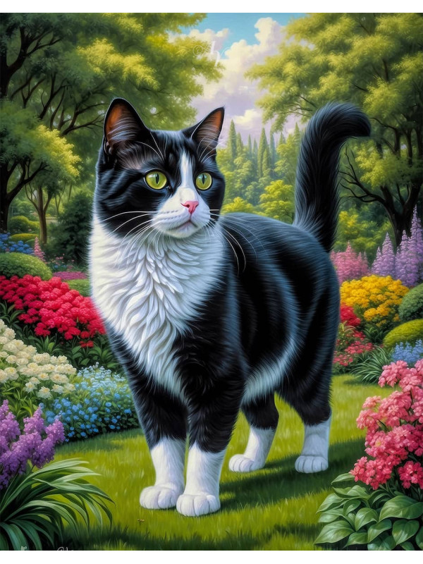 Black - White Cat and Kittens Canvas Portrait Paintings