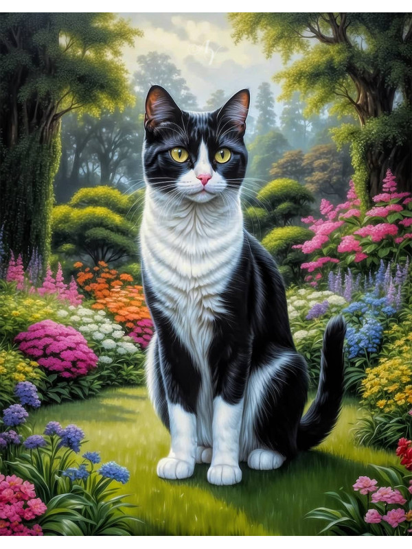Black - White Cat and Kittens Canvas Portrait Paintings