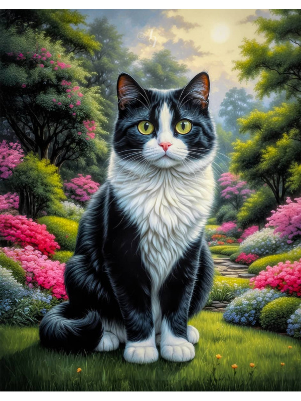 Black - White Cat and Kittens Canvas Portrait Paintings
