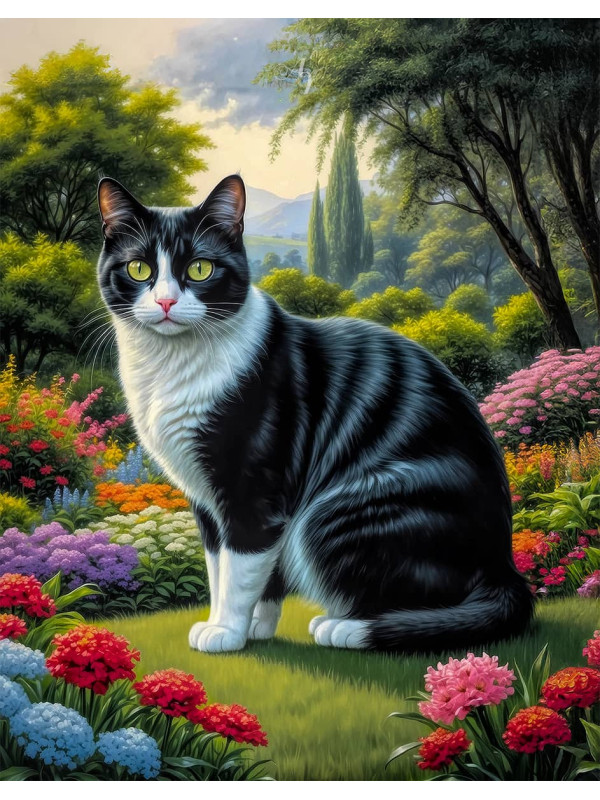 Black - White Cat and Kittens Canvas Portrait Paintings