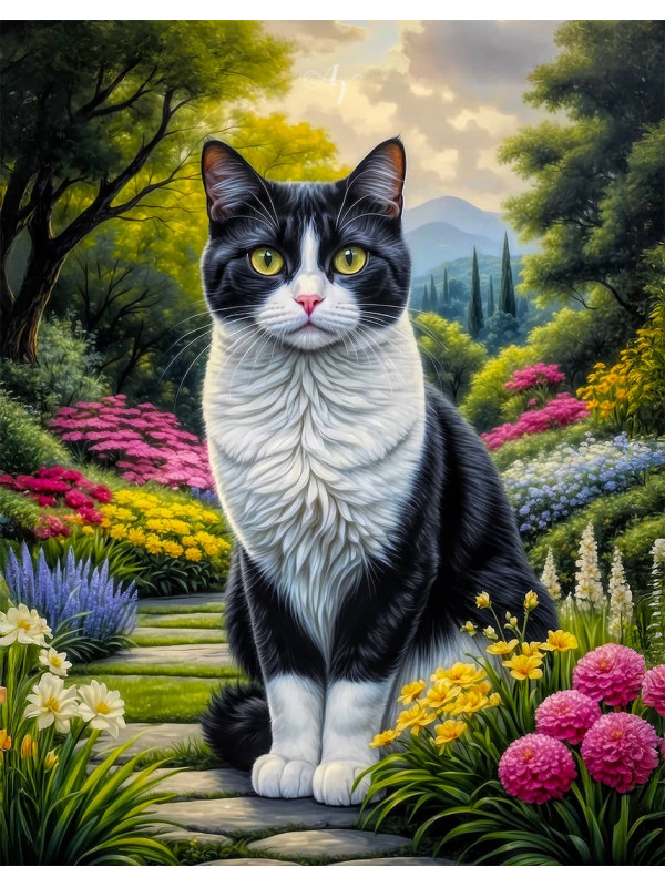 Black - White Cat and Kittens Canvas Portrait Paintings