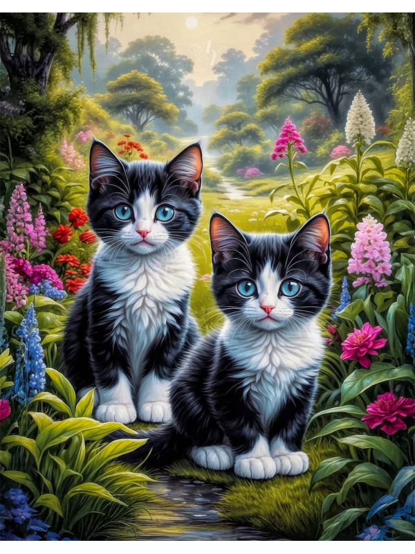 Black - White Cat and Kittens Canvas Portrait Paintings
