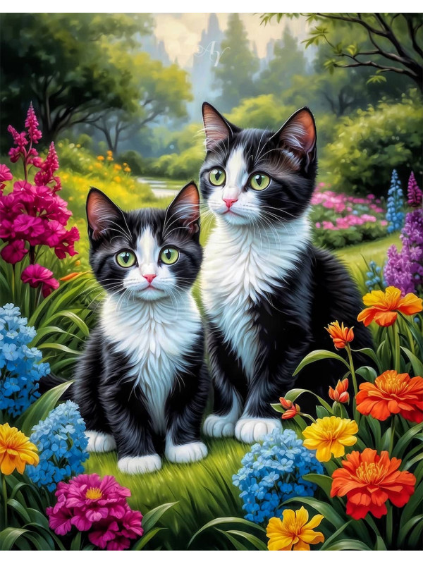 Black - White Cat and Kittens Canvas Portrait Paintings
