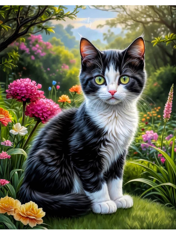 Black - White Cat and Kittens Canvas Portrait Paintings