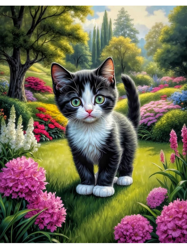 Black - White Cat and Kittens Canvas Portrait Paintings