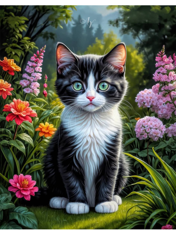 Black - White Cat and Kittens Canvas Portrait Paintings