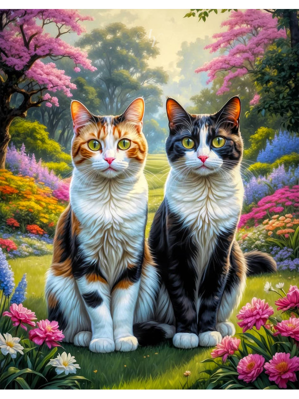 Calico Cat and Kitten Colorful Portrait Paintings