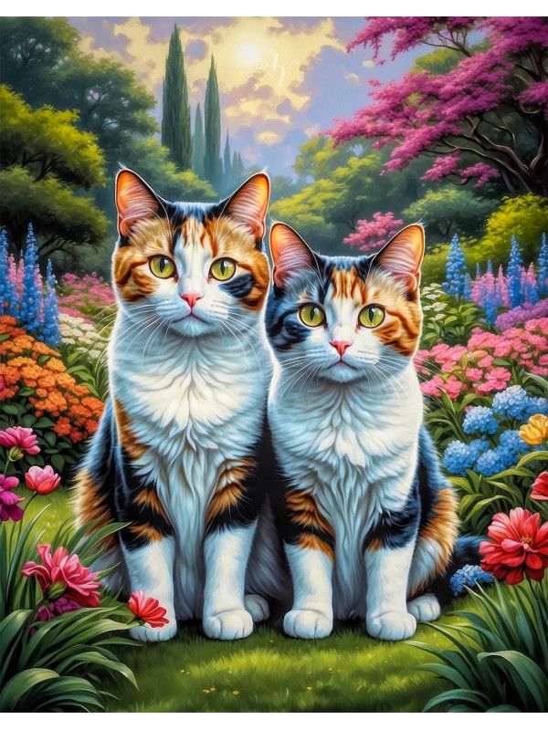 Calico Cat and Kitten Colorful Portrait Paintings
