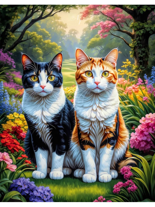Calico Cat and Kitten Colorful Portrait Paintings