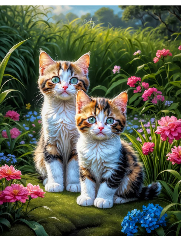 Calico Cat and Kitten Colorful Portrait Paintings