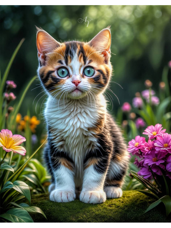 Calico Cat and Kitten Colorful Portrait Paintings