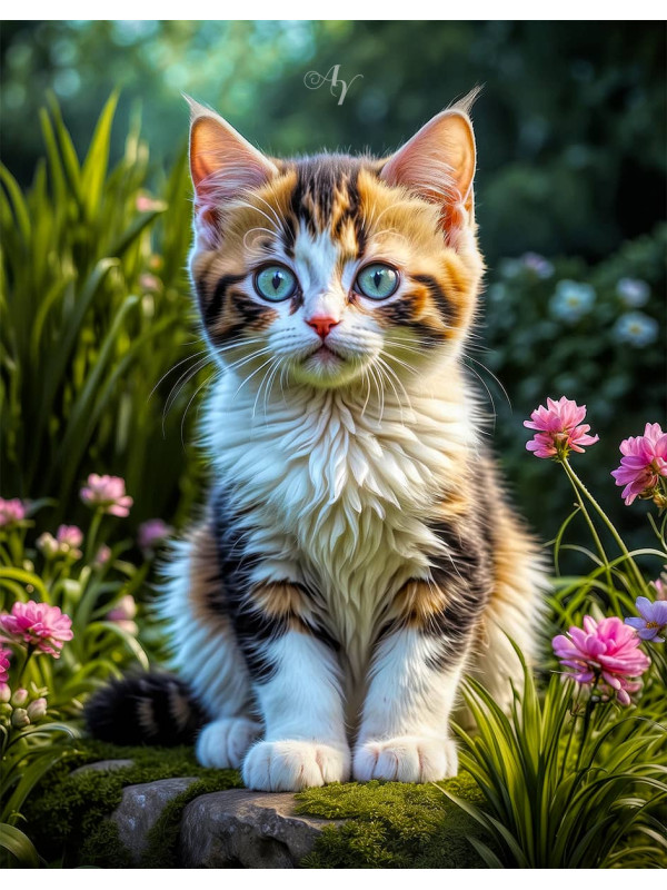 Calico Cat and Kitten Colorful Portrait Paintings