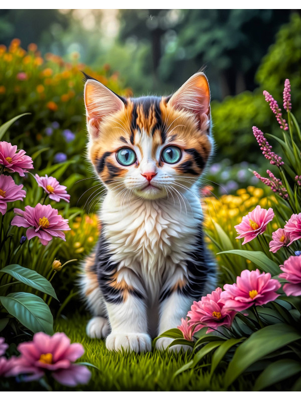 Calico Cat and Kitten Colorful Portrait Paintings