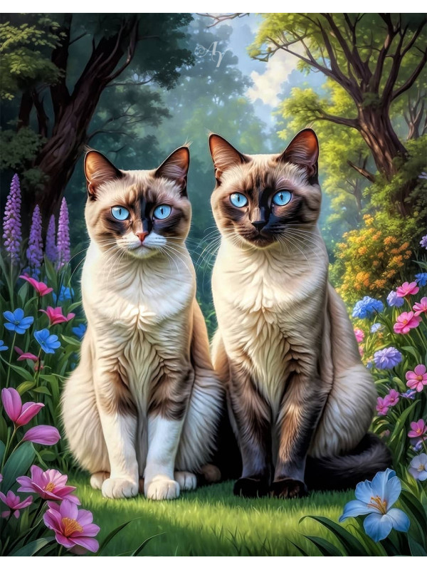 Vibrant Siamese Cat and Kitten Portrait Paintings