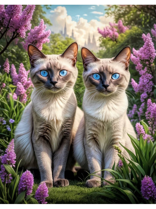 Vibrant Siamese Cat and Kitten Portrait Paintings