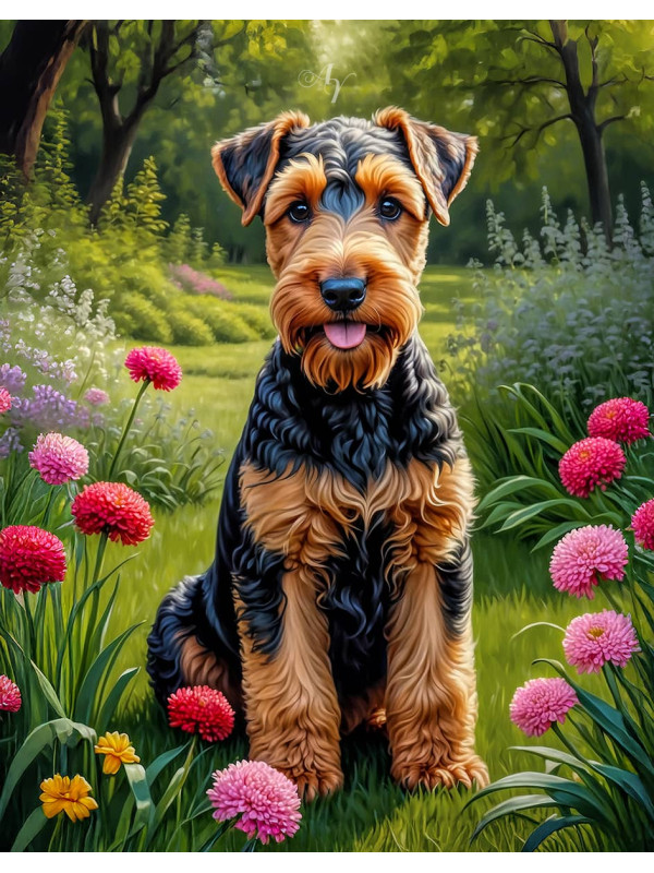 Airedale Terrier Dog and Puppy Portrait Paintings