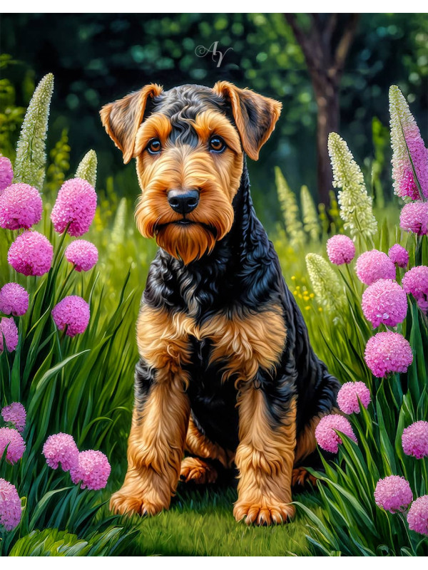Airedale Terrier Dog and Puppy Portrait Paintings