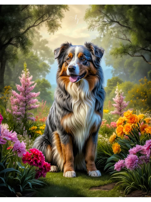 Australian Shepherd Dog and Puppy Portrait Paintings