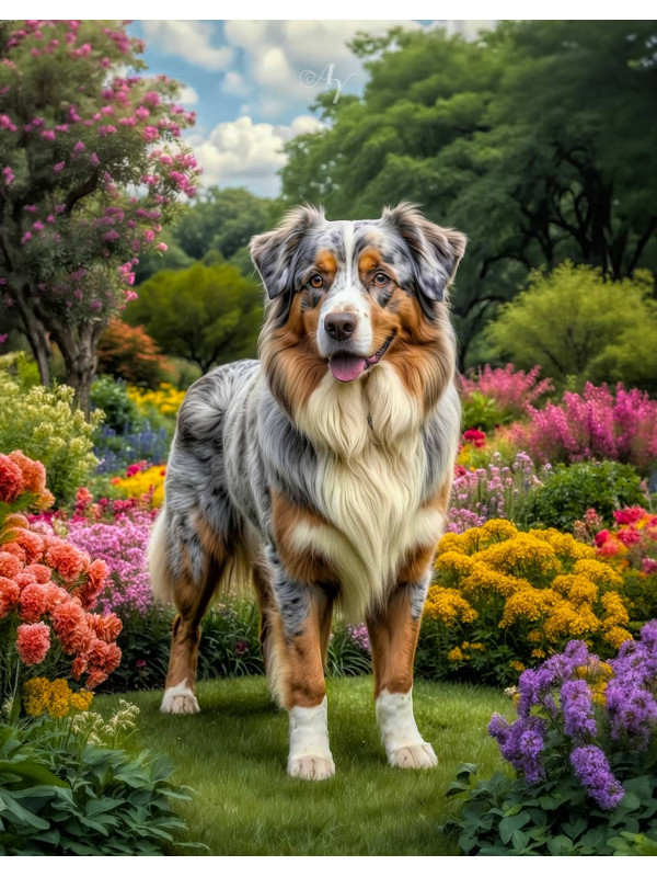 Australian Shepherd Dog and Puppy Portrait Paintings