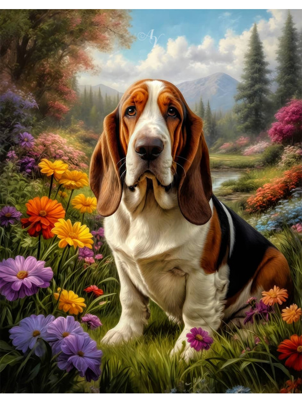 Basset Hound Dog and Puppy Portrait Paintings