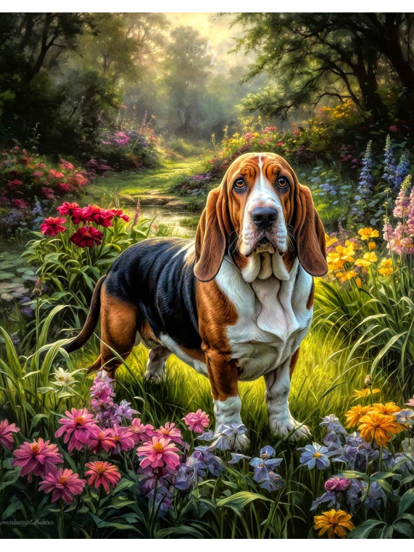 Basset Hound Dog and Puppy Portrait Paintings