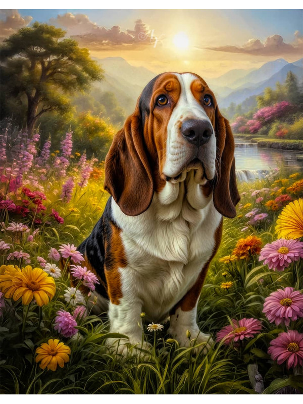 Basset Hound Dog and Puppy Portrait Paintings