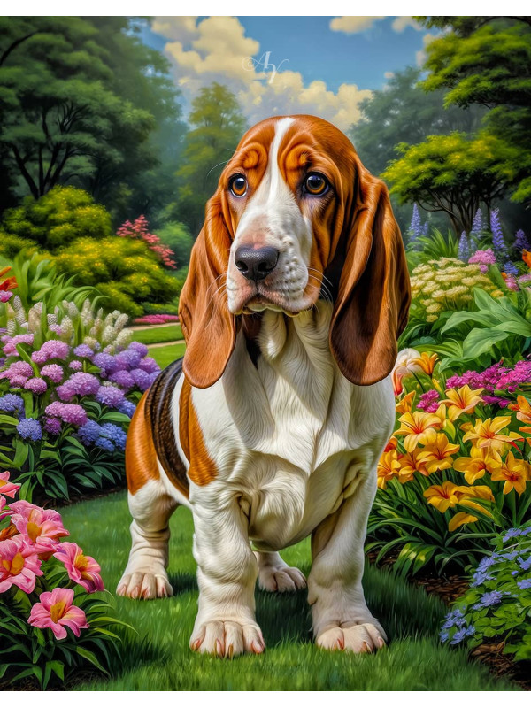 Basset Hound Dog and Puppy Portrait Paintings