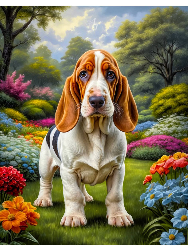 Basset Hound Dog and Puppy Portrait Paintings