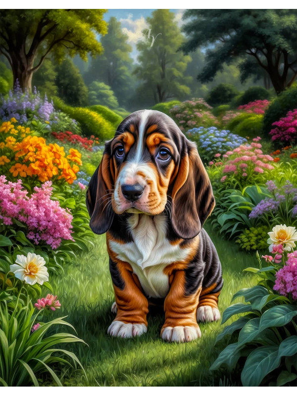 Basset Hound Dog and Puppy Portrait Paintings