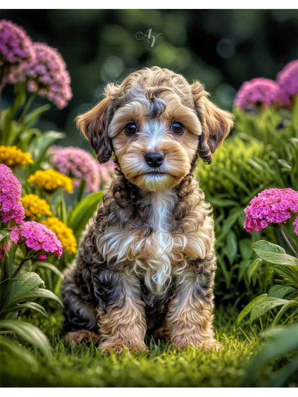 Schnoodle Dog and Sweet Puppies Portrait Paintings on Canvas
