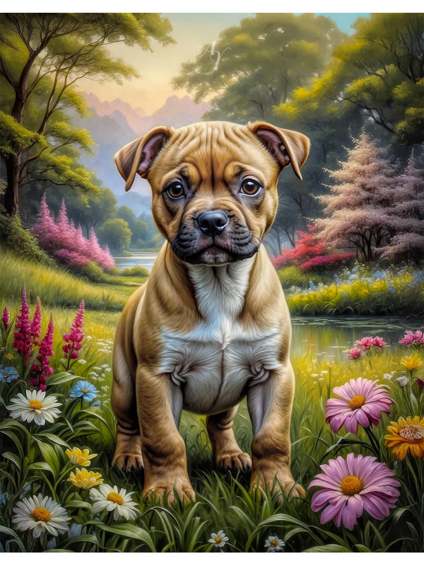 Staffordshire Terrier Dog and Puppy Portrait Paintings