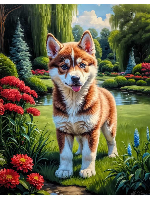 Siberian Husky Dog and Puppy Portrait Paintings