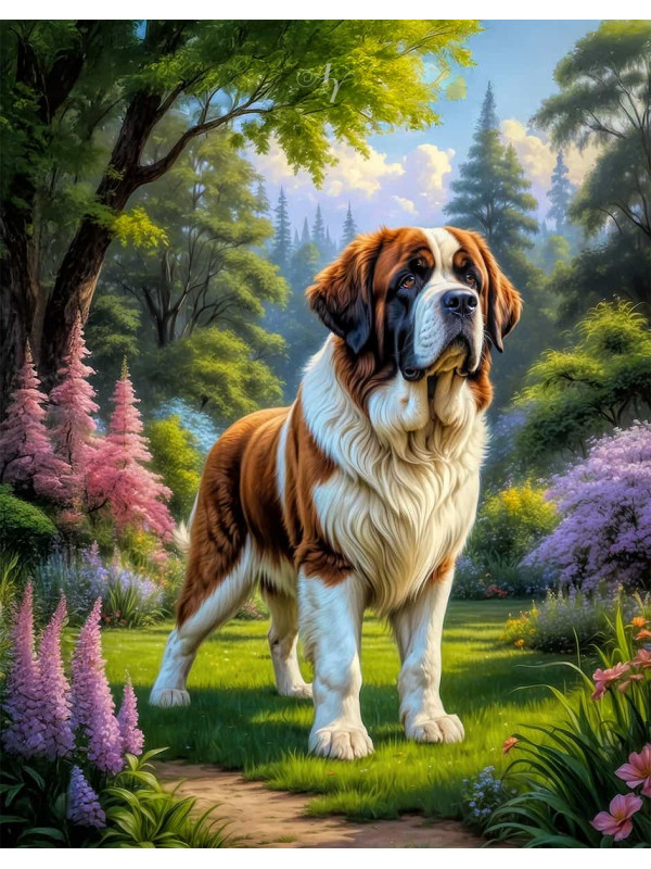 Saint Bernard Dog and Puppy Portrait Paintings