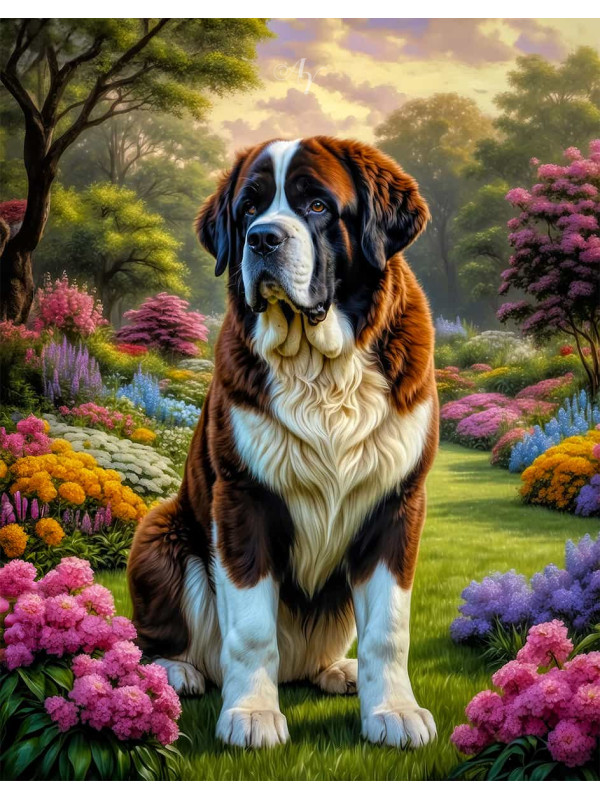 Saint Bernard Dog and Puppy Portrait Paintings