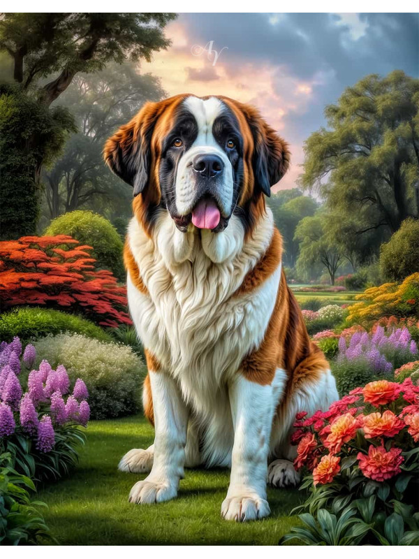 Saint Bernard Dog and Puppy Portrait Paintings
