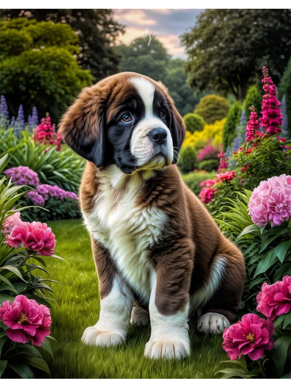 Saint Bernard Dog and Puppy Portrait Paintings