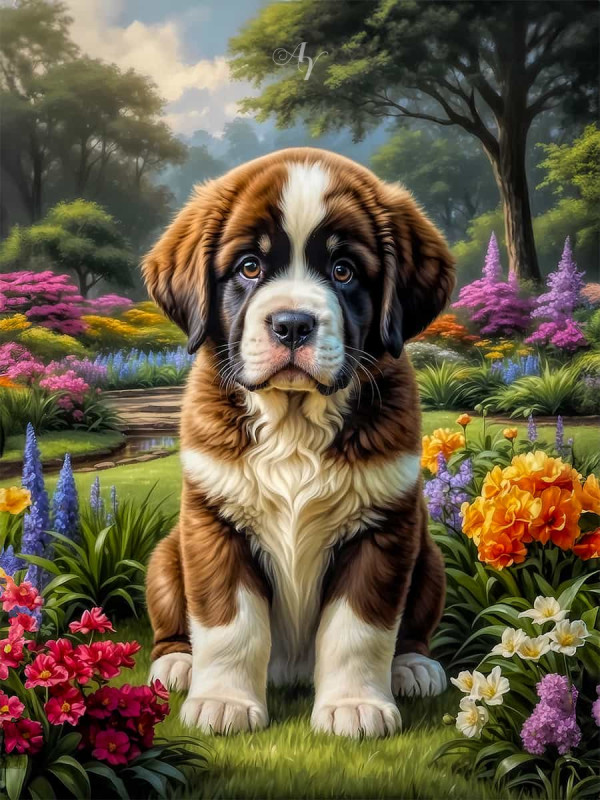 Saint Bernard Dog and Puppy Portrait Paintings