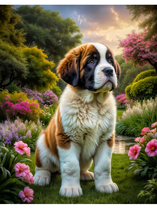 Saint Bernard Dog and Puppy Portrait Paintings