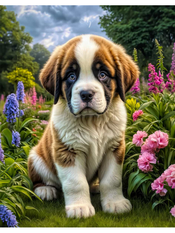 Saint Bernard Dog and Puppy Portrait Paintings