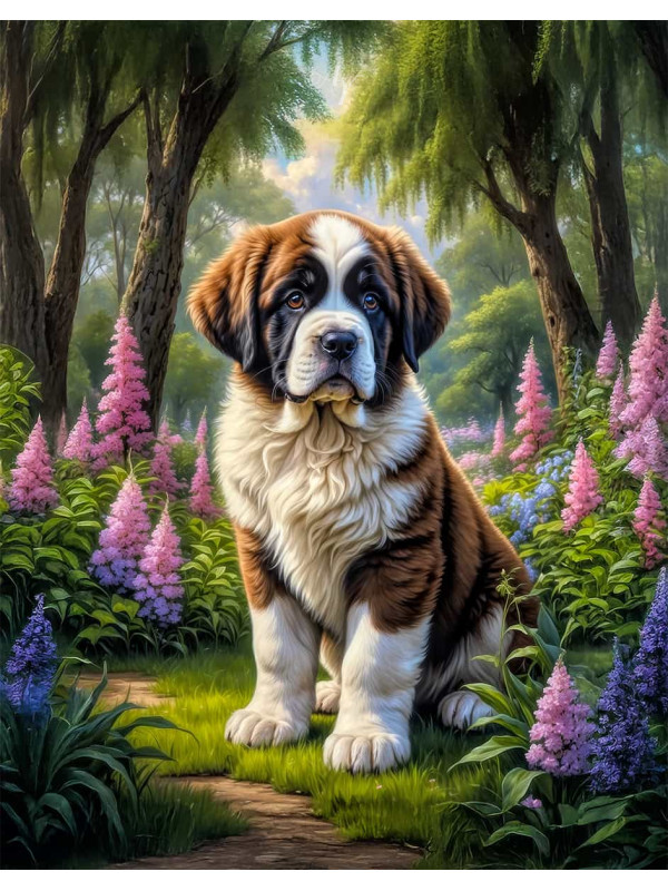 Saint Bernard Dog and Puppy Portrait Paintings