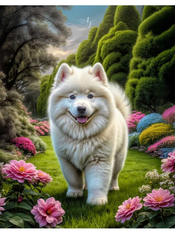Samoyed Dog and Puppy Colorful Portrait Paintings