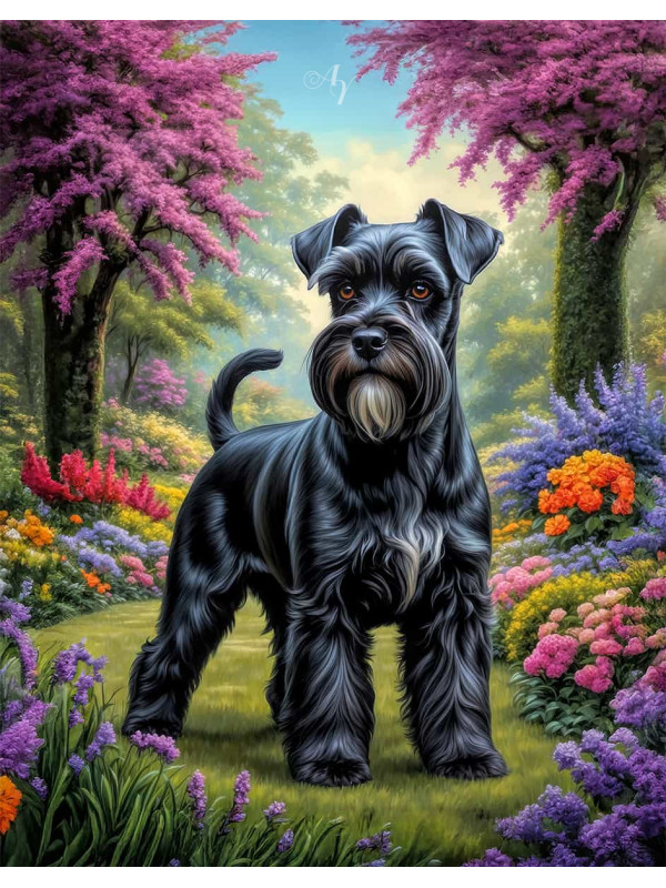 Schnauzer Dog and Puppy Vivid Portrait Paintings on Canvas