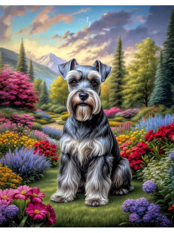 Schnauzer Dog and Puppy Vivid Portrait Paintings on Canvas