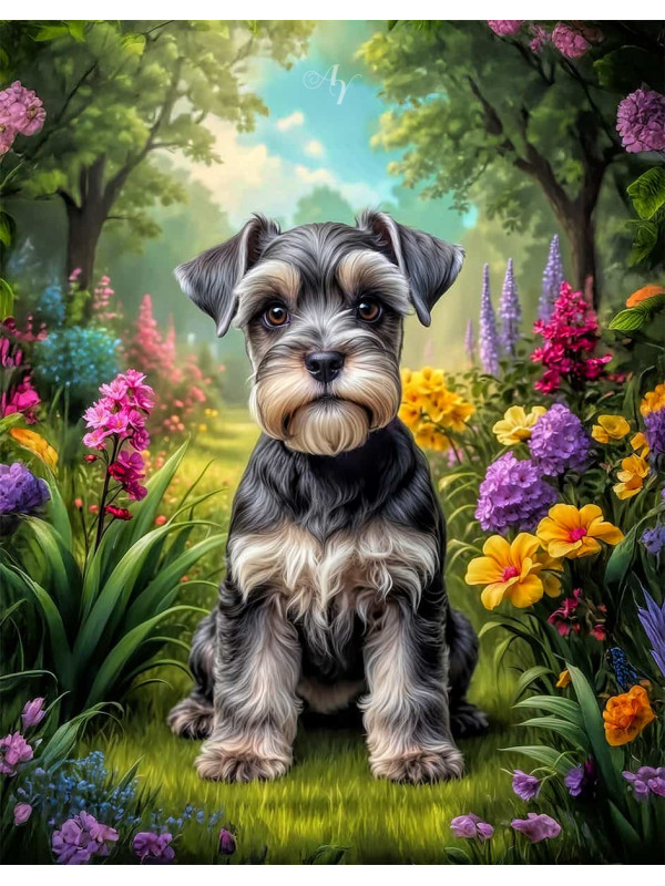 Schnauzer Dog and Puppy Vivid Portrait Paintings on Canvas