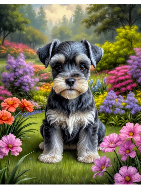 Schnauzer Dog and Puppy Vivid Portrait Paintings on Canvas