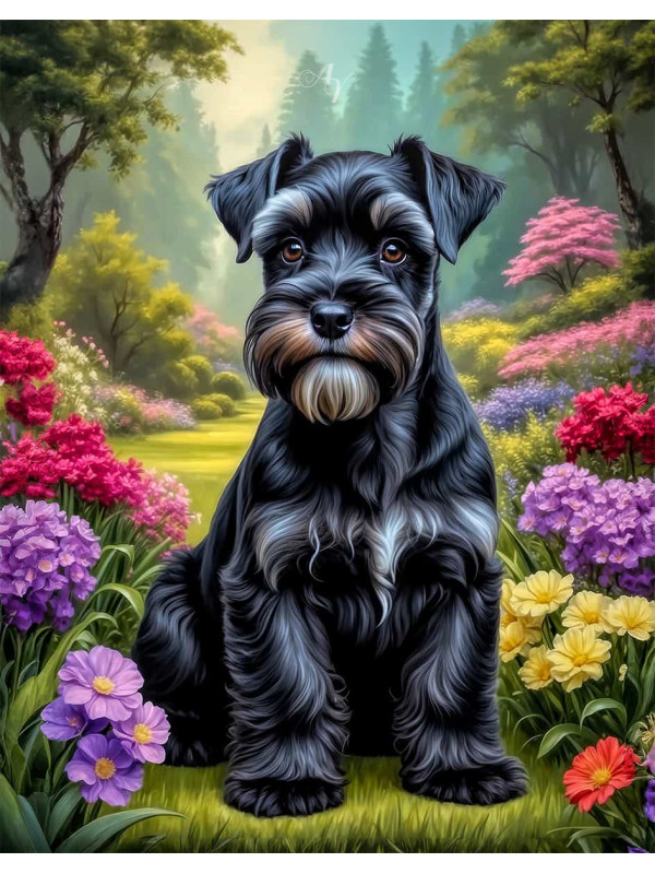 Schnauzer Dog and Puppy Vivid Portrait Paintings on Canvas