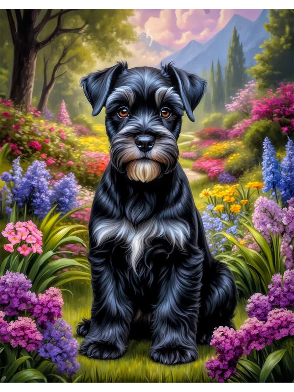 Schnauzer Dog and Puppy Vivid Portrait Paintings on Canvas